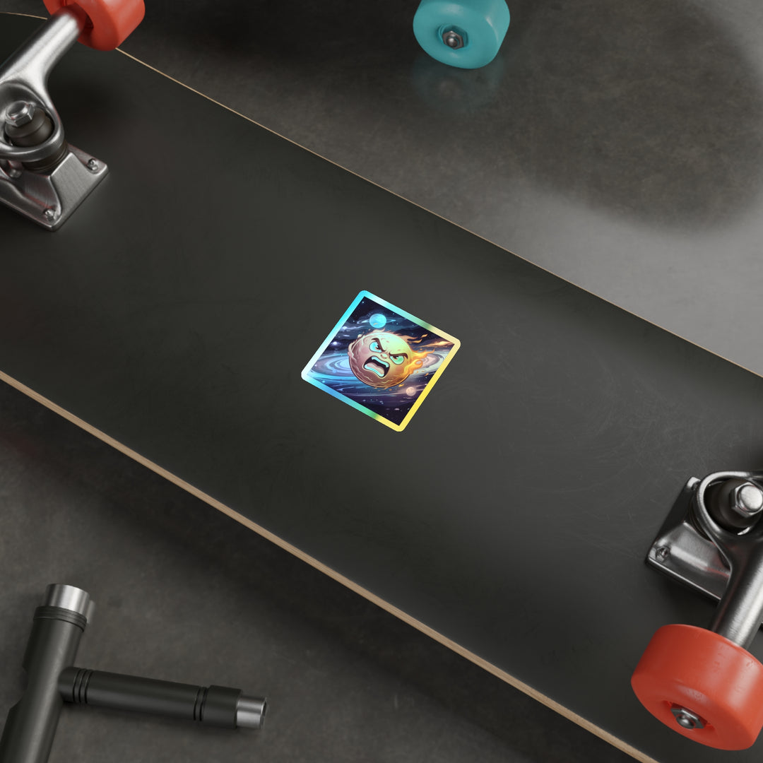 Holographic Die-Cut Sticker – Fiery Cosmic Sun Cartoon | Trendy Retro Shine