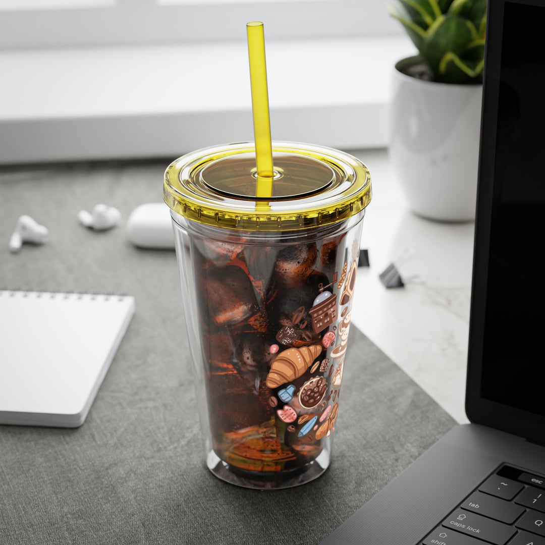 Sunsplash 16oz Tumbler – Cute Café Cartoon Coffee & Dessert, Straw Included