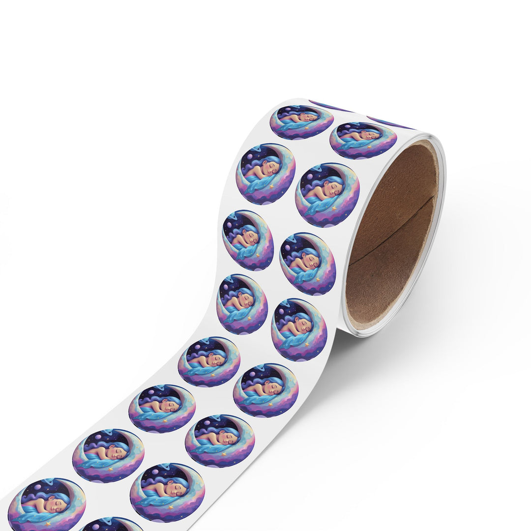 Dreamy Moon Girl Round Sticker Labels – Durable, Glossy, Celestial Rolls