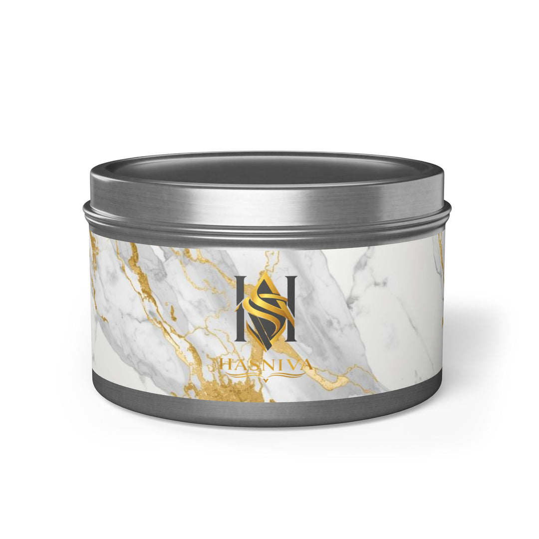 Marble Luxe Hand-Poured Tin Candle – Custom Scents, Glam Gold Accent