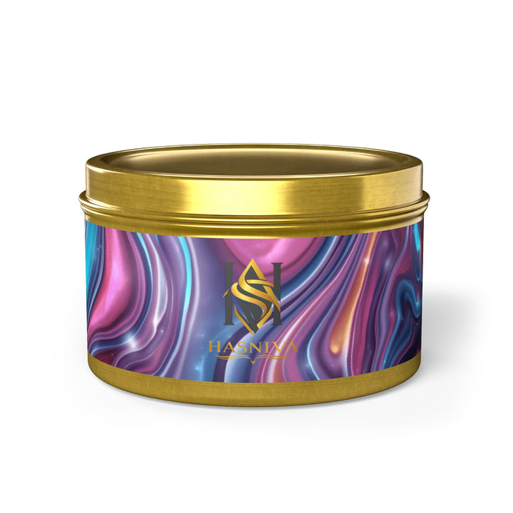 Handcrafted Iridescent Tin Candle – Luxe Soy, Custom Swirl Design, Gift-Ready