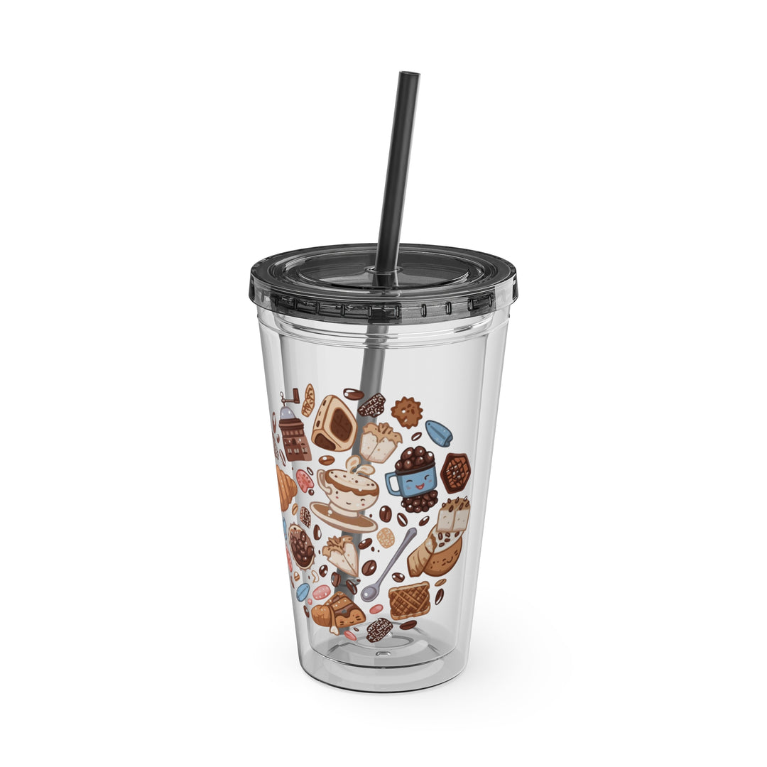 Sunsplash 16oz Tumbler – Cute Café Cartoon Coffee & Dessert, Straw Included