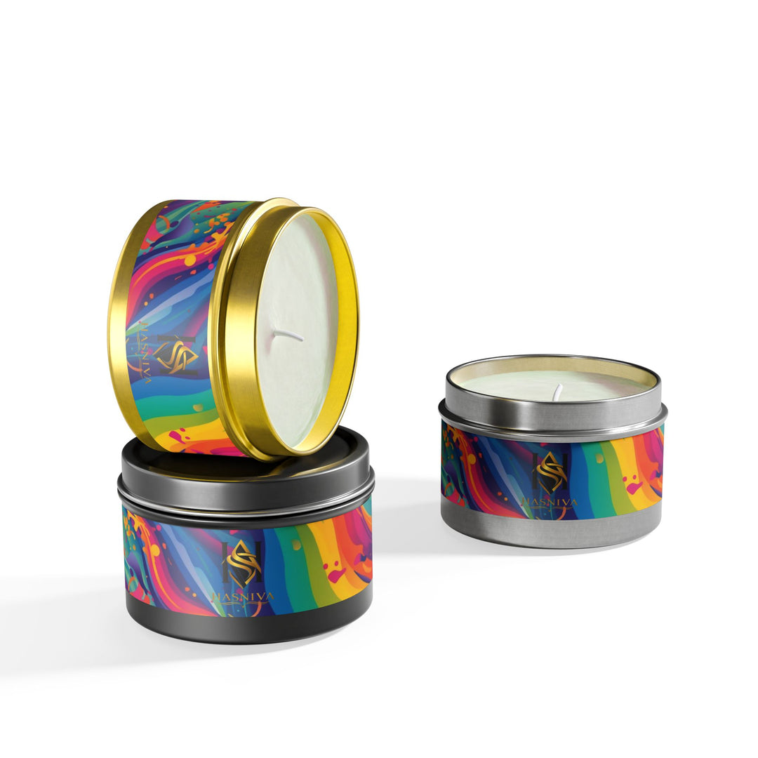 Hand-Poured Tin Candle – Vibrant Abstract Rainbow, Eco Coconut Soy, Gift-Ready
