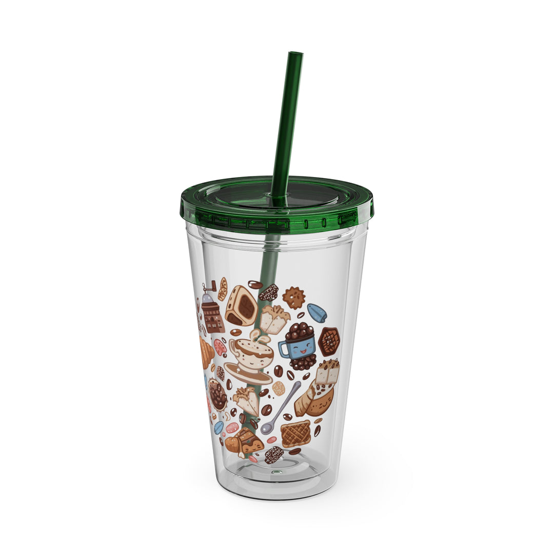 Sunsplash 16oz Tumbler – Cute Café Cartoon Coffee & Dessert, Straw Included