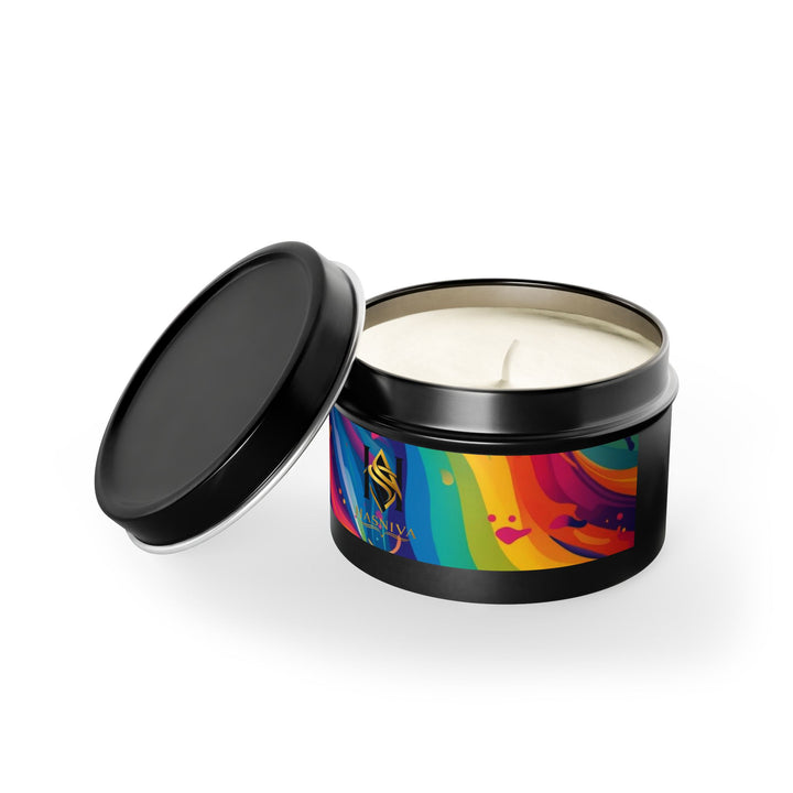 Hand-Poured Tin Candle – Vibrant Abstract Rainbow, Eco Coconut Soy, Gift-Ready
