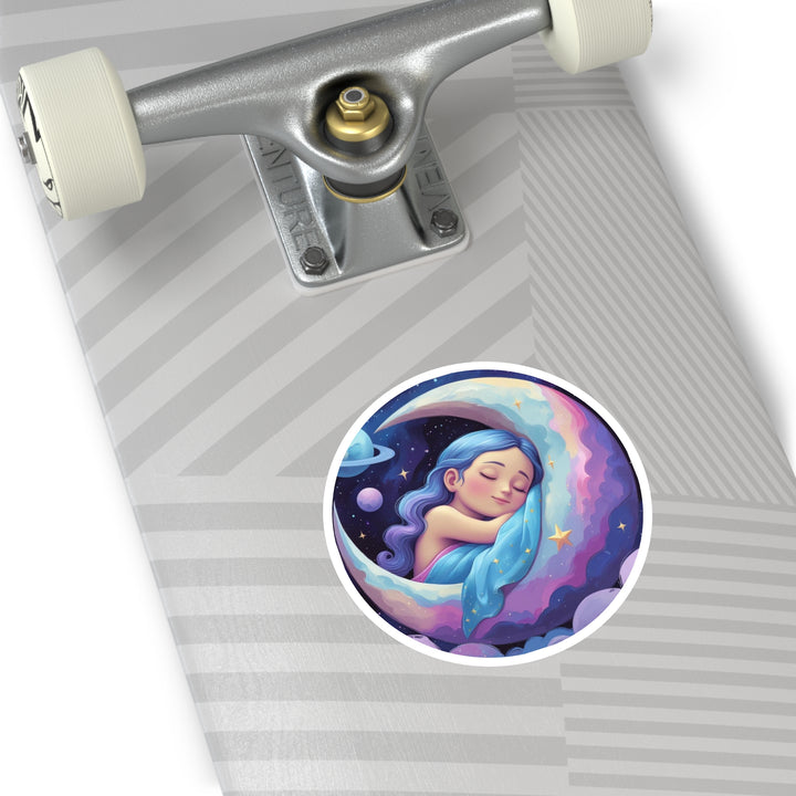 Dreamy Moon Girl Round Sticker – Waterproof, Custom Vinyl Celestial Decor