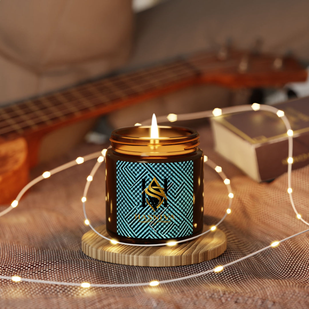 Scented Soy Candle – Amber Jar | Modern Geometric Aqua Grid | 4oz/9oz