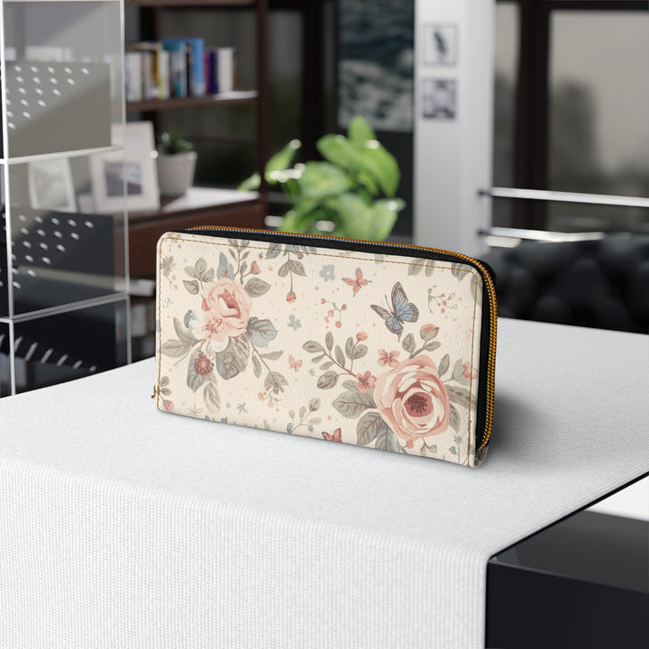 Sleek Floral Zipper Wallet – Personalized Faux Leather, Vintage Roses & Butterflies