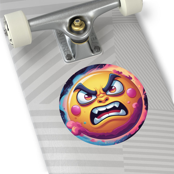 Custom Round Vinyl Sticker – Bold Angry Sun Space Theme, Waterproof & Trendy