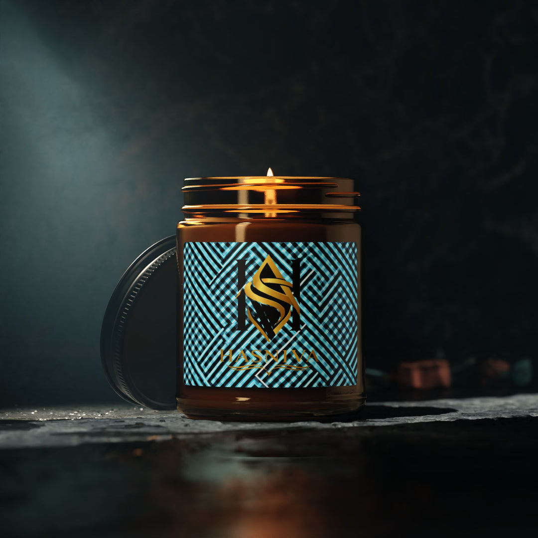 Scented Soy Candle – Amber Jar | Modern Geometric Aqua Grid | 4oz/9oz