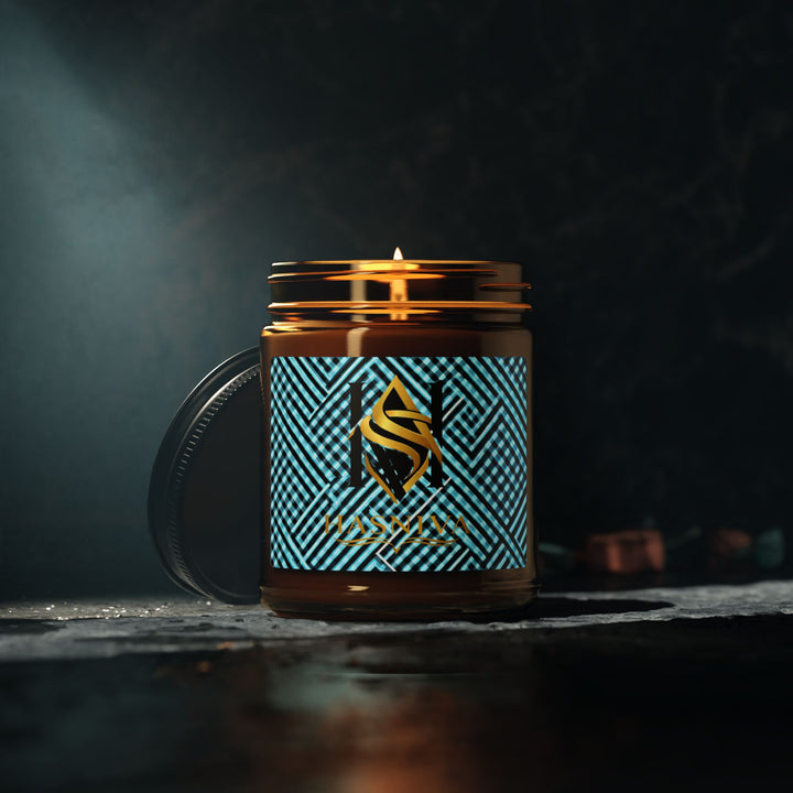 Scented Soy Candle – Amber Jar | Modern Geometric Aqua Grid | 4oz/9oz
