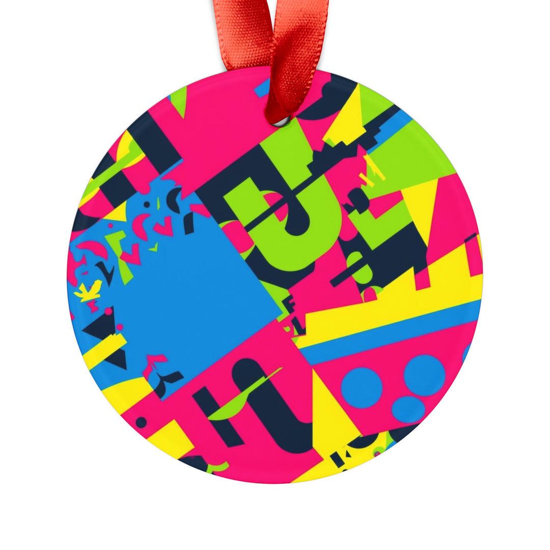Personalized Acrylic Ornament – Neon Abstract Geometric Design with Ribbon