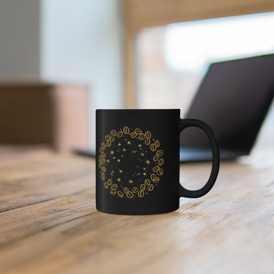 Modern Black Ceramic Mug – Hand-Drawn Coffee Beans & Gold Floral (11oz/15oz)