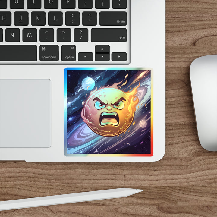 Holographic Die-Cut Sticker – Fiery Cosmic Sun Cartoon | Trendy Retro Shine
