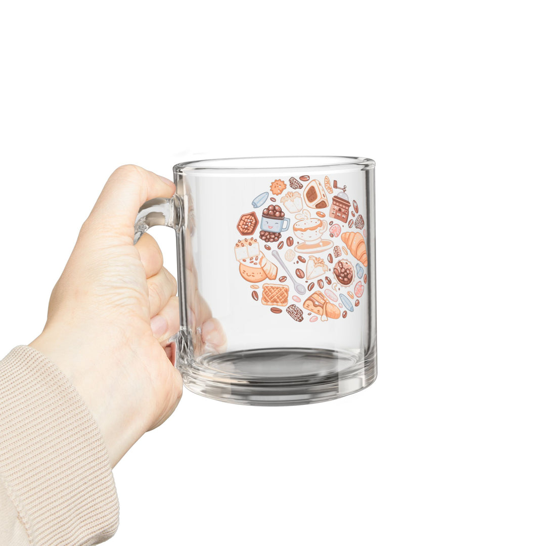 Whimsical Coffee & Pastry Glass Mug 10oz – Cute Café Cartoon Design
