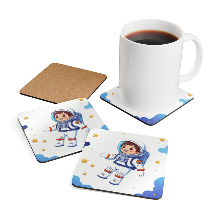 Space Astronaut Corkwood Coaster Set – Playful Kids Decor, High-Gloss, 4-Pack
