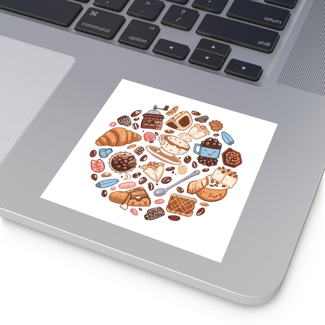 Coffee & Dessert Cartoon Square Sticker – Weatherproof Vinyl, Customizable