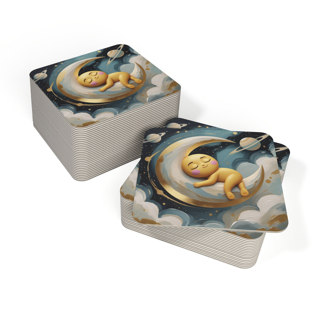Whimsical Celestial Square Coasters (50/100pcs) – Cute Moon & Stars Design