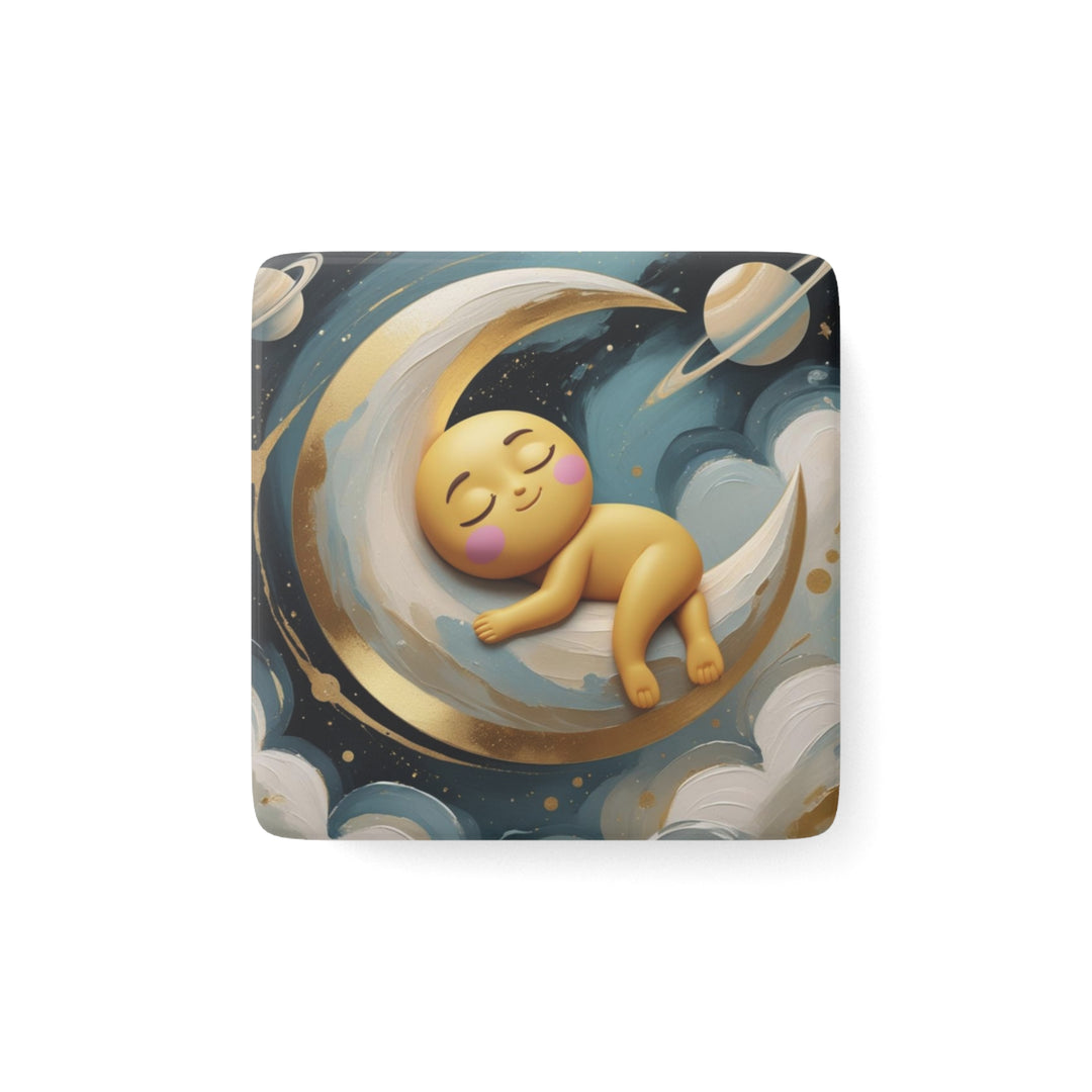 Celestial Baby Moon Porcelain Magnet – Cute Square Art for Kids Decor