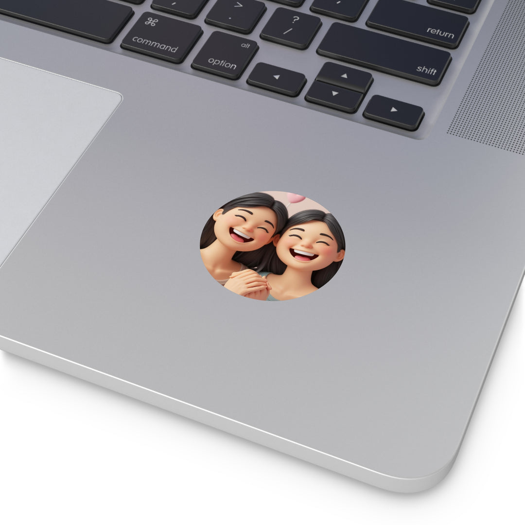 Custom Round Vinyl Sticker – 3D Cartoon Smiling Girls, Waterproof & Trendy