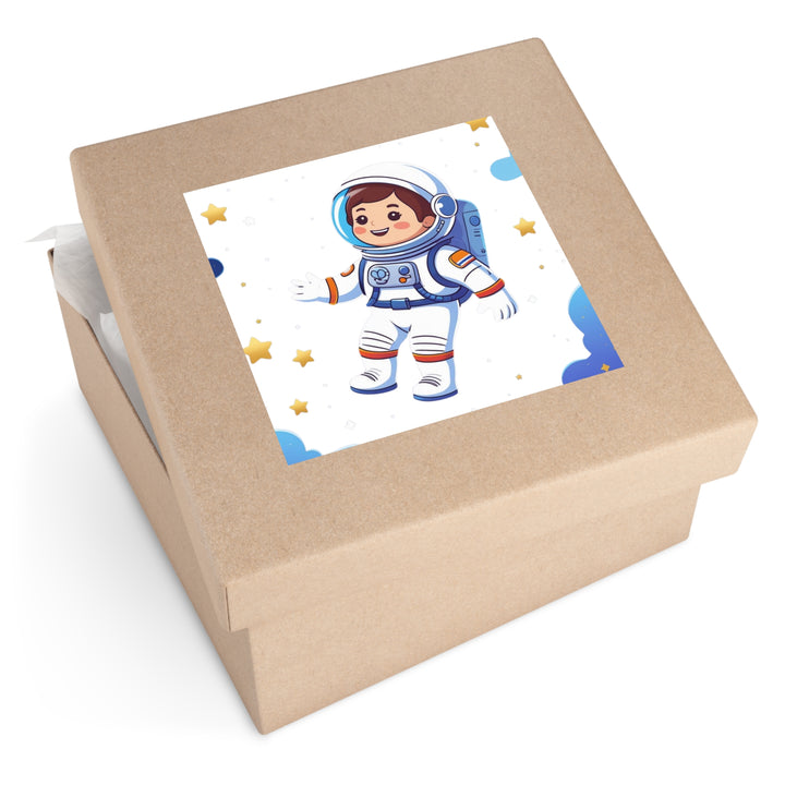 Space Adventure Square Laminate Sticker – Cute Astronaut, Durable & Fun