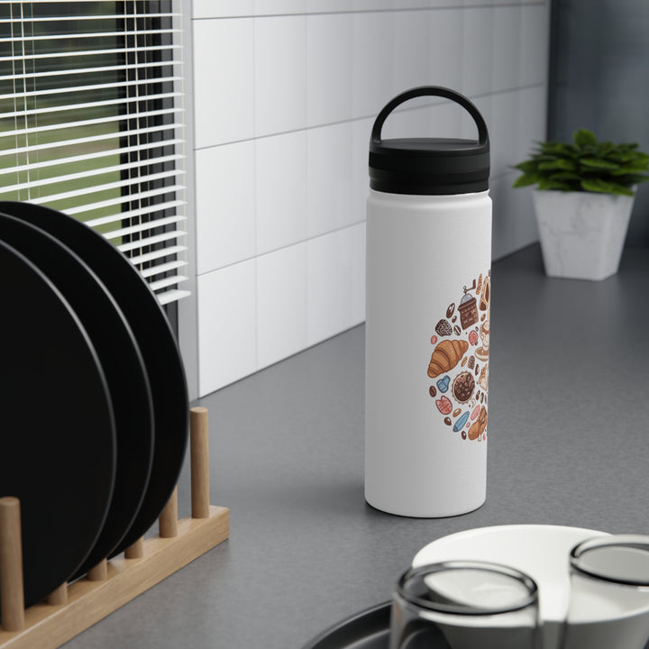 Whimsical Café Stainless Steel Water Bottle w/ Handle Lid – Leak-Proof, Insulated, Cute Cartoon Design