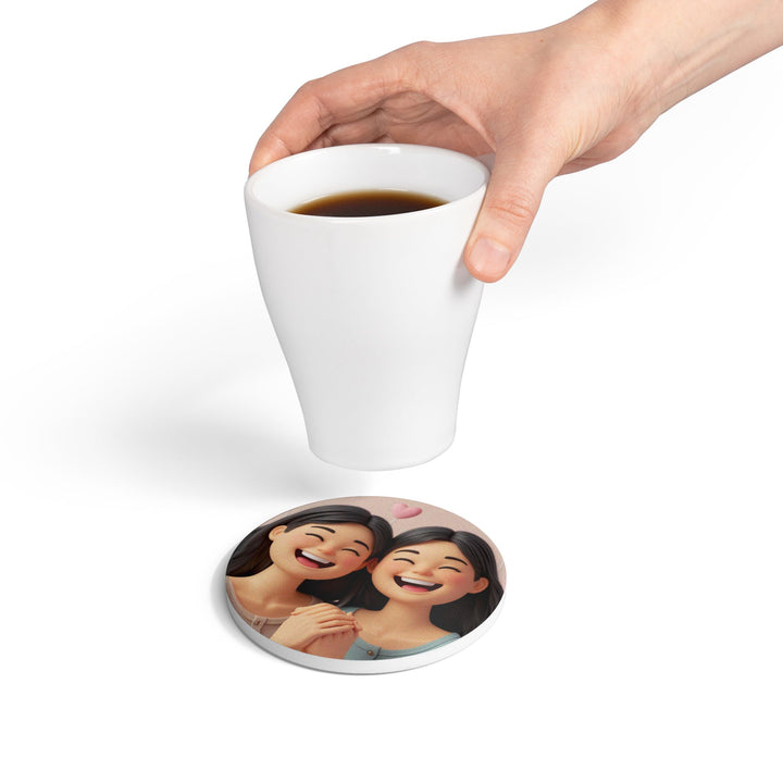 Chic 3D Cartoon Ceramic Coasters – Smiling Girls, Cute & Stylish Decor