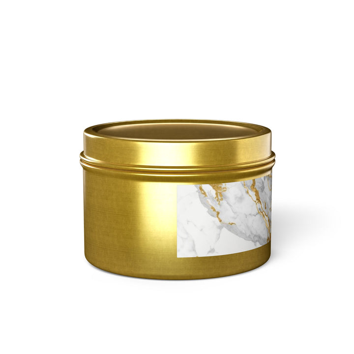 Marble Luxe Hand-Poured Tin Candle – Custom Scents, Glam Gold Accent