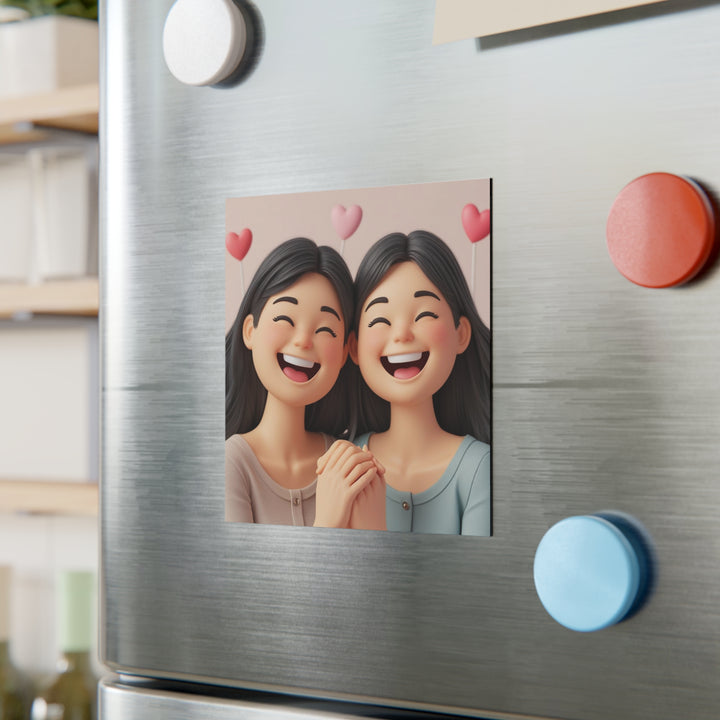 Personalized Square Magnet – Cute Cartoon Girls, Friendship, Custom Gift