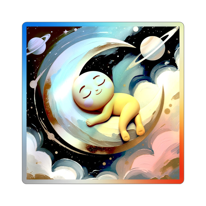 Holographic Baby Moon Sticker – Cute Celestial Die-Cut, Retro Shine!