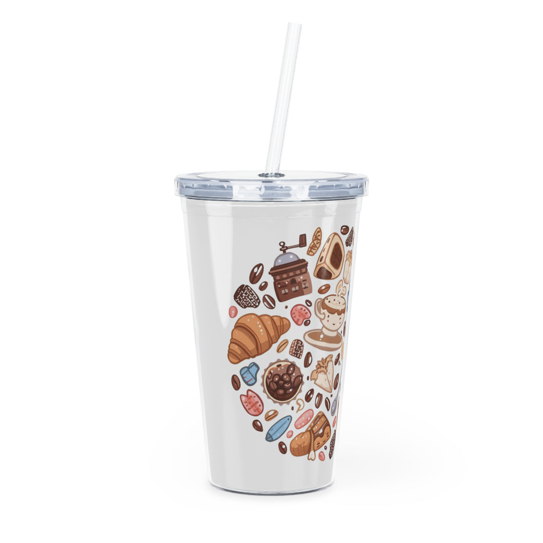 Custom Café Vibes Plastic Tumbler – 20oz, Straw, Whimsical Coffee Design
