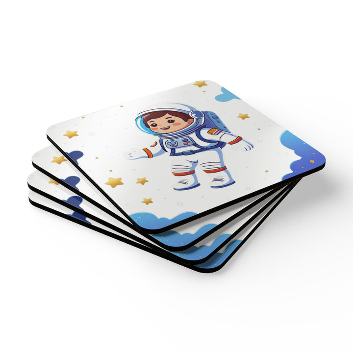 Space Astronaut Corkwood Coaster Set – Playful Kids Decor, High-Gloss, 4-Pack