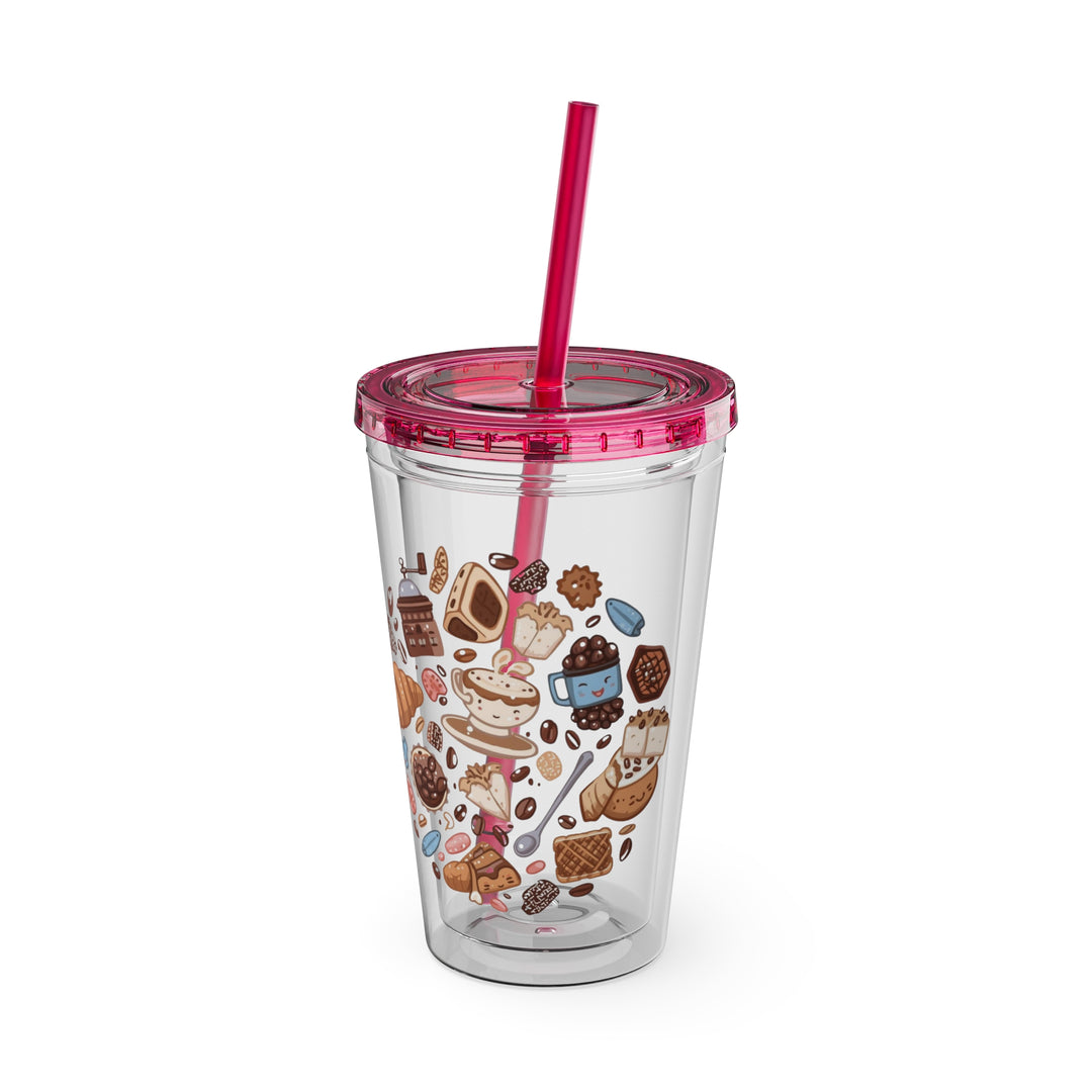 Sunsplash 16oz Tumbler – Cute Café Cartoon Coffee & Dessert, Straw Included
