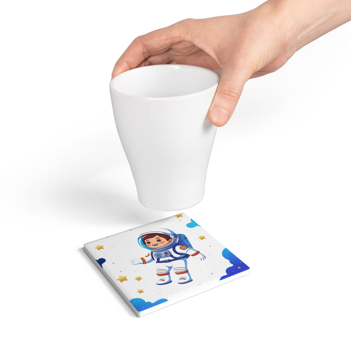 Cartoon Astronaut Ceramic Coaster – Cute Space Kids Decor, Non-Slip, Durable