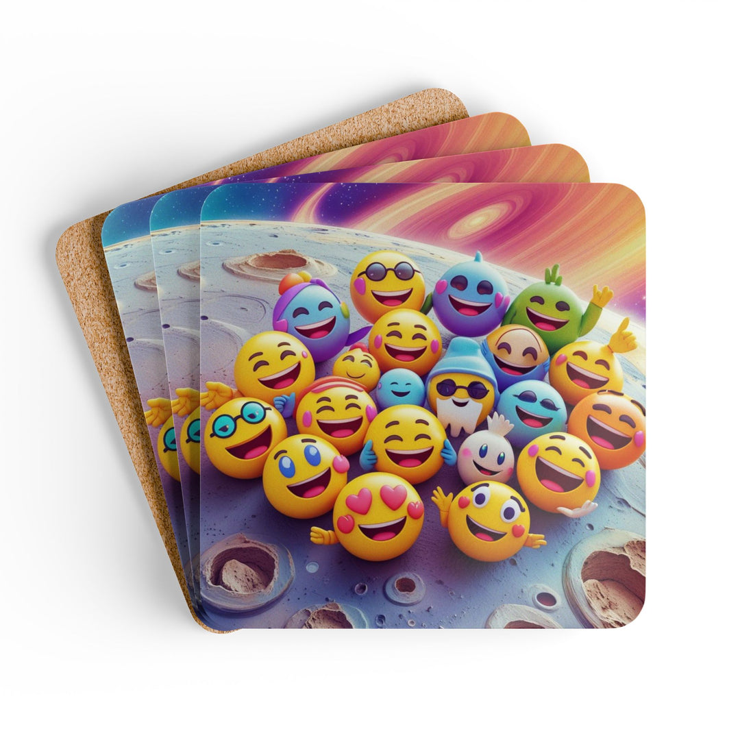 Emoji Cosmic Corkwood Coaster Set – Fun Modern Decor, Gift-Ready, 4 Pack