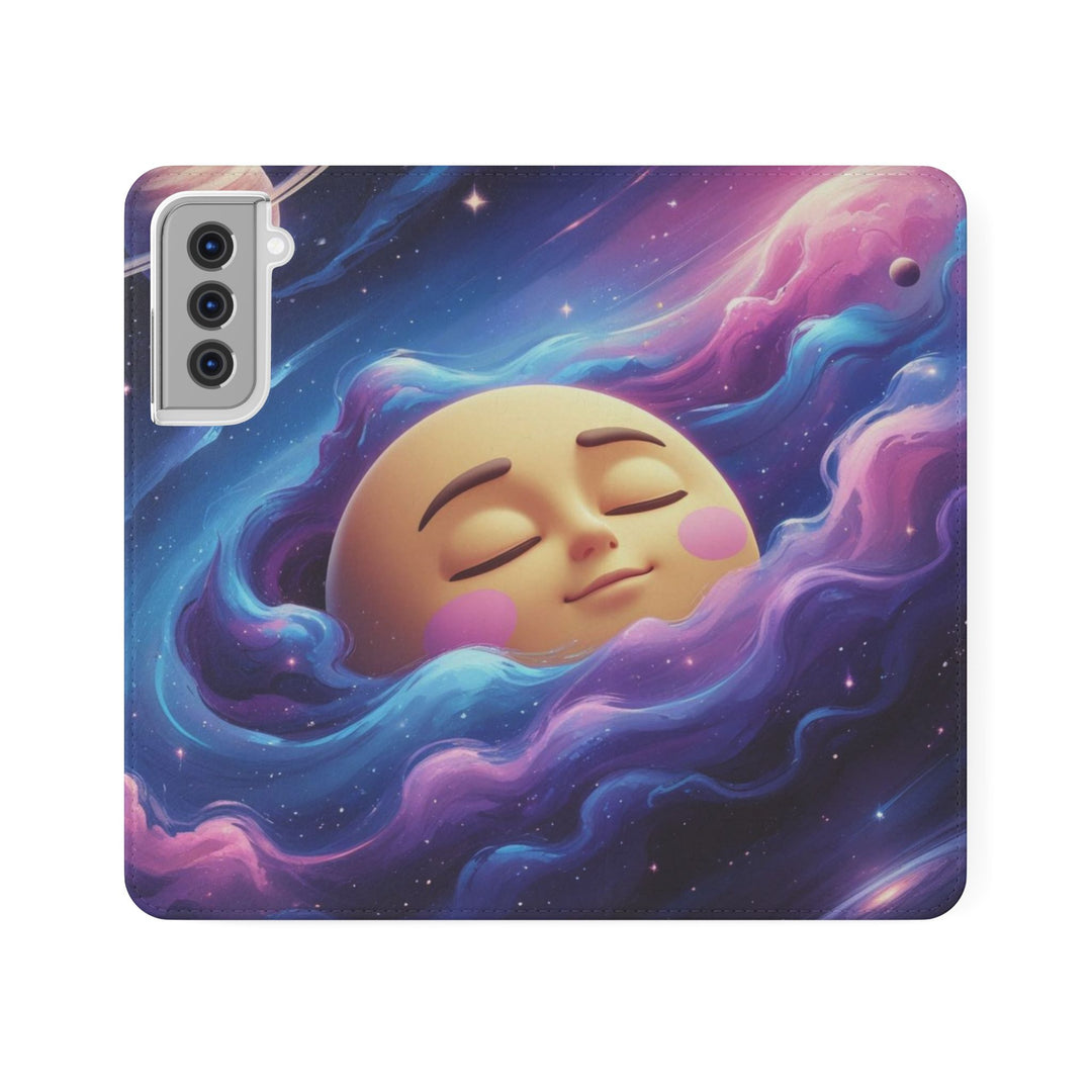 Dreamy Galaxy Flip Case – Cute Moon & Star Wallet Cover, Vegan Leather